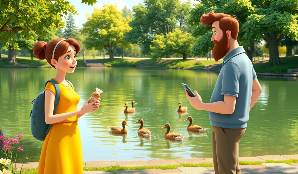 Feeding the Ducks Near the Lake